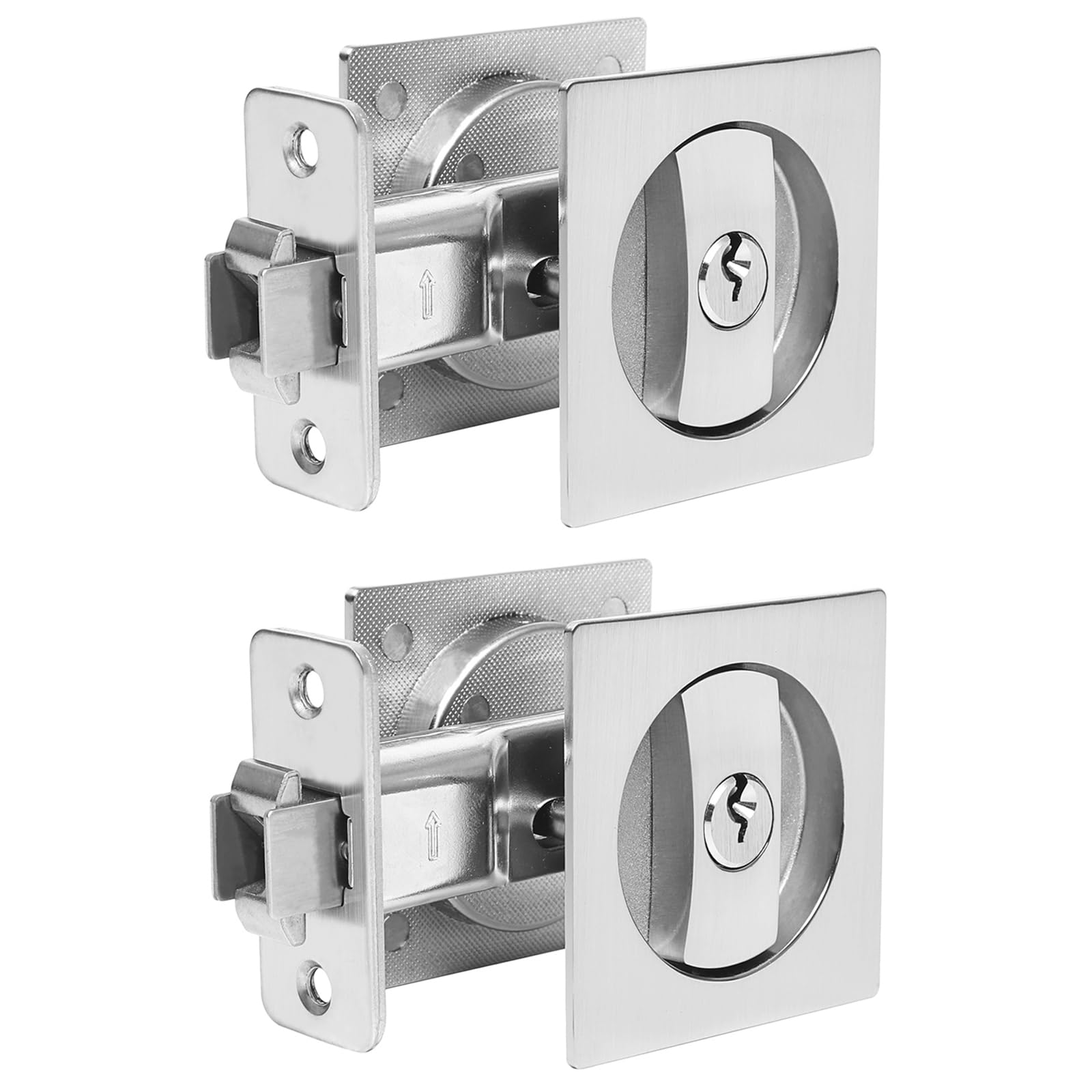 Dontay Cerradura de puerta de bolsillo con llave, pestillo contemporáneo para puerta corredera de granero, empotrable de 2 lados, respaldo de 2 3/8 pulgadas (2, níquel cepillado)