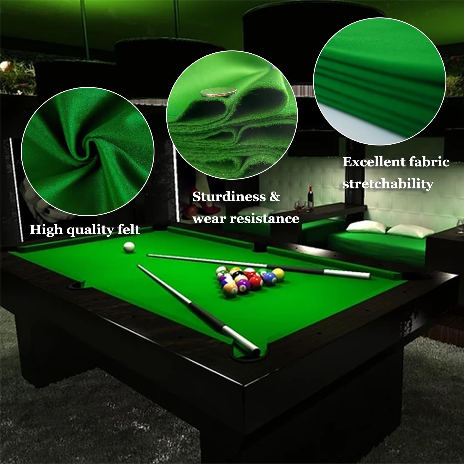 Tissu de Billard Tapis De Billard Professionnel De 2,74 M /9 Pi avec 6 Bandes, Kit De Feutre Rapide pour Tables De Billard, Bars, Hôtels Et Jeux D'intérieur.