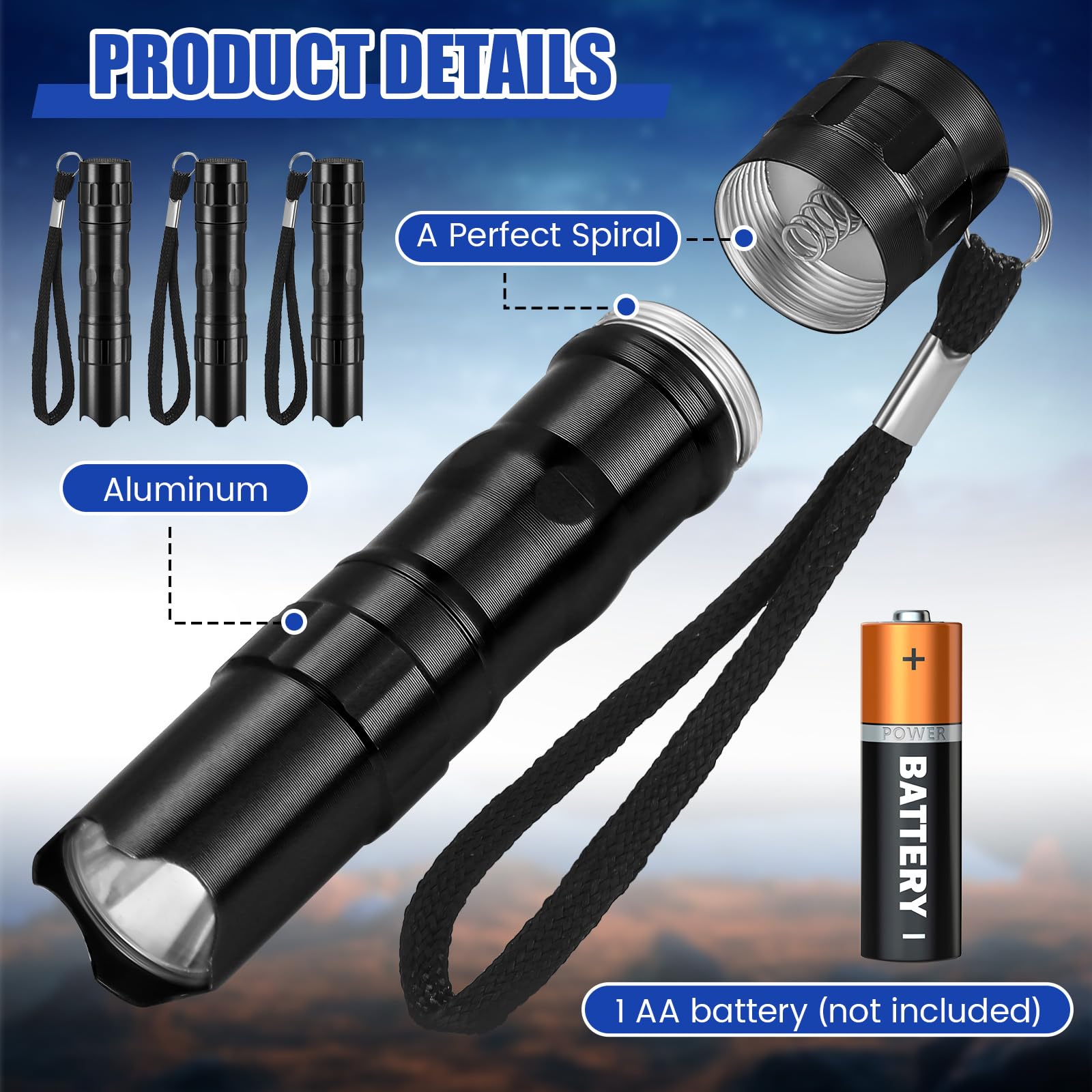Tujoe 36 mini linternas LED de aluminio brillante a granel con cordón, pequeñas linternas LED para lectura nocturna, emergencia, huracán, camping, senderismo, recuerdos de fiesta (negro)