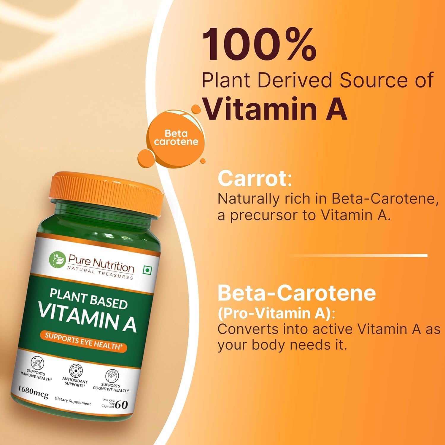 Pure Nutrition Plant-Based Vitamin A from Beta-Carotene 5600 IU | 60 Veg Caps | Skin, Eye and Immune Support | — Amazon image 5