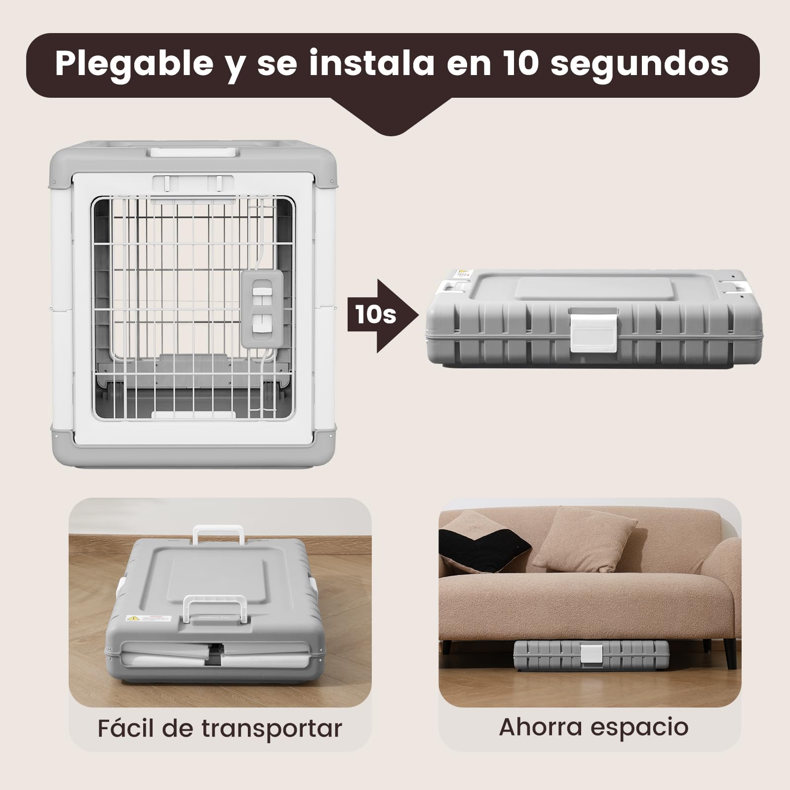 Gardner Pet Jaula para Perros Plegable,Transportin Perro Grande, Adecuado para Perros Grandes Y Gatos De 92.5x58x65.5cm, Se Pliega Sin Herramientas, Equipado con 2 Ruedas, para Interior Exterior,Gris