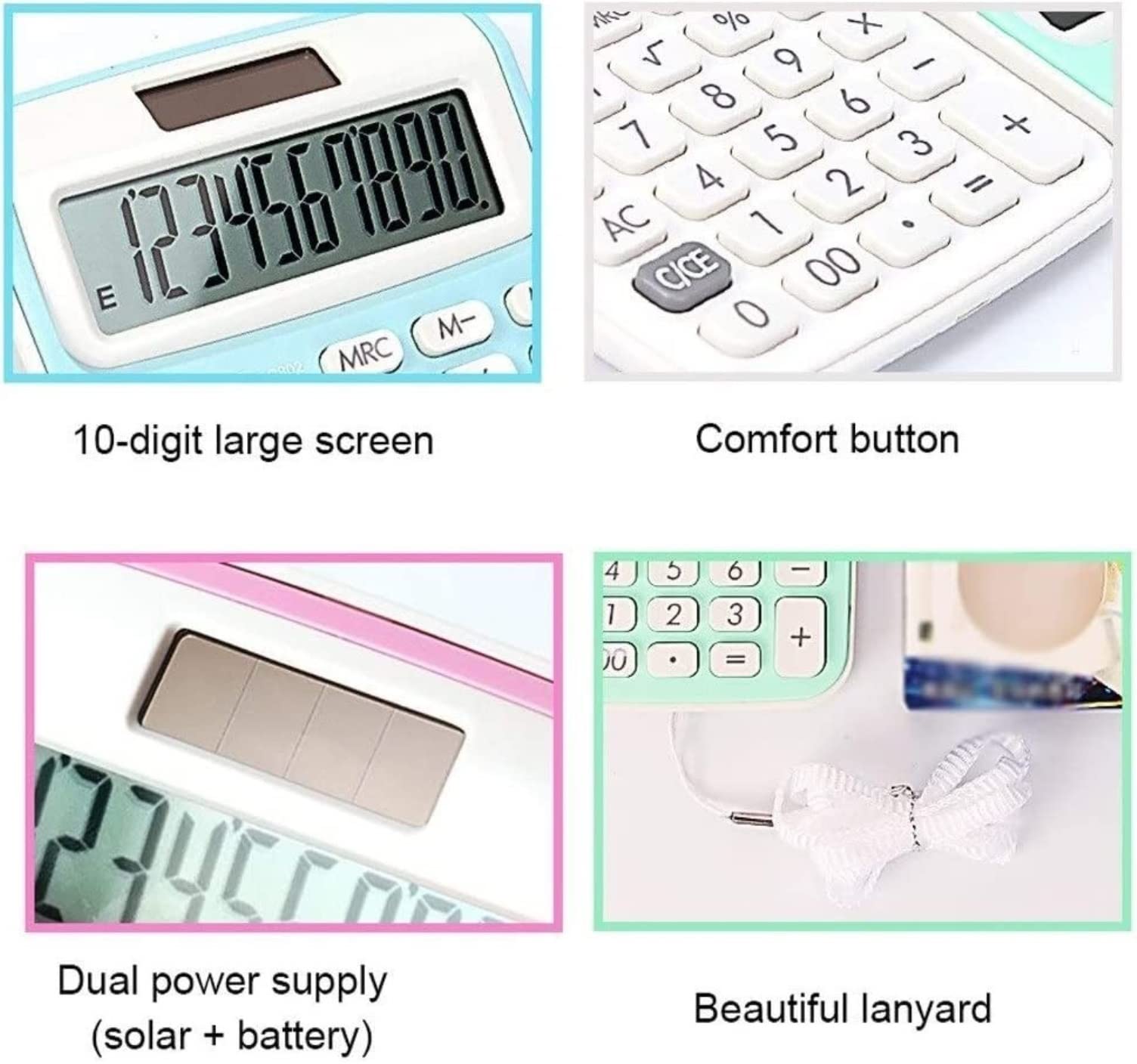 Calcolatrice per Ufficio Calcolatrici for Studenti Calcolatrice Portatile A Doppia Alimentazione Solare con Cordino Display A 10 Cifre Scuola(White)
