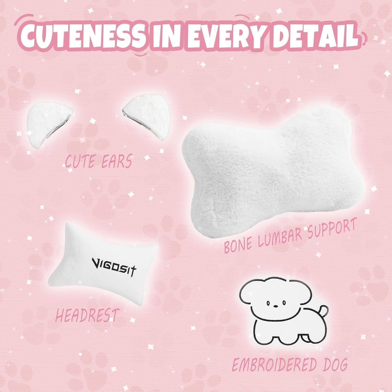 Vigosit Gaming Stuhl Niedlich mit Ohren und Kawaii Kissen, Ergonomische Computer-Spiel-Stuhl für Mädchen mit Lendenwirbelstütze und Fußstütze, Bequeme zurücklehnen PC Gamer Stuhl für Teenager (White)