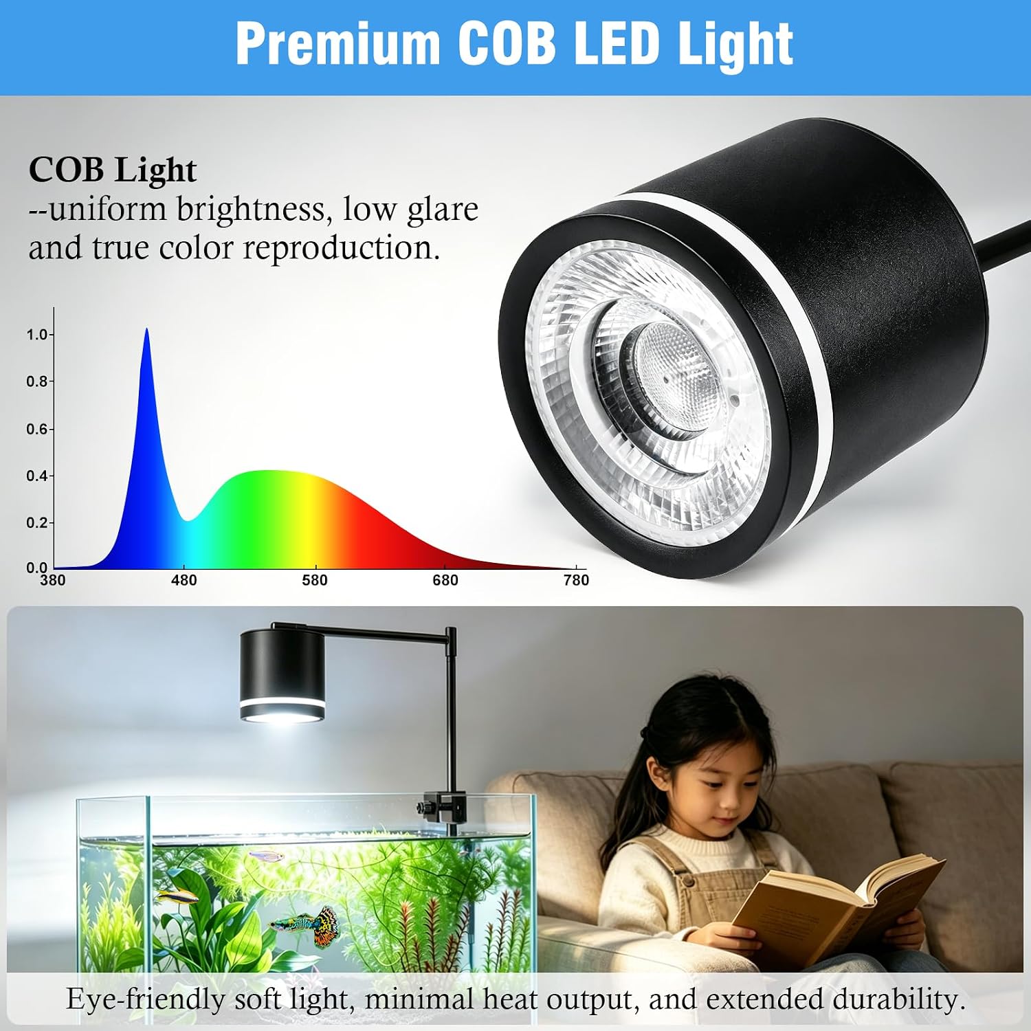 HITOP Clip-On Aquarium Spotlight for 30-55cm Reef/Freshwater Tanks, Fish Tank Light with COB LED, White & Blue Color, Auto Mode &Timer, Adjustable Height & Angle