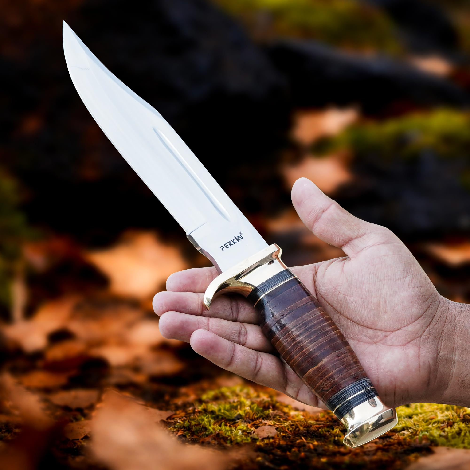 Perkin Cuchillo de caza hecho a mano con vaina fija cuchillo cuchillo mango de cuero