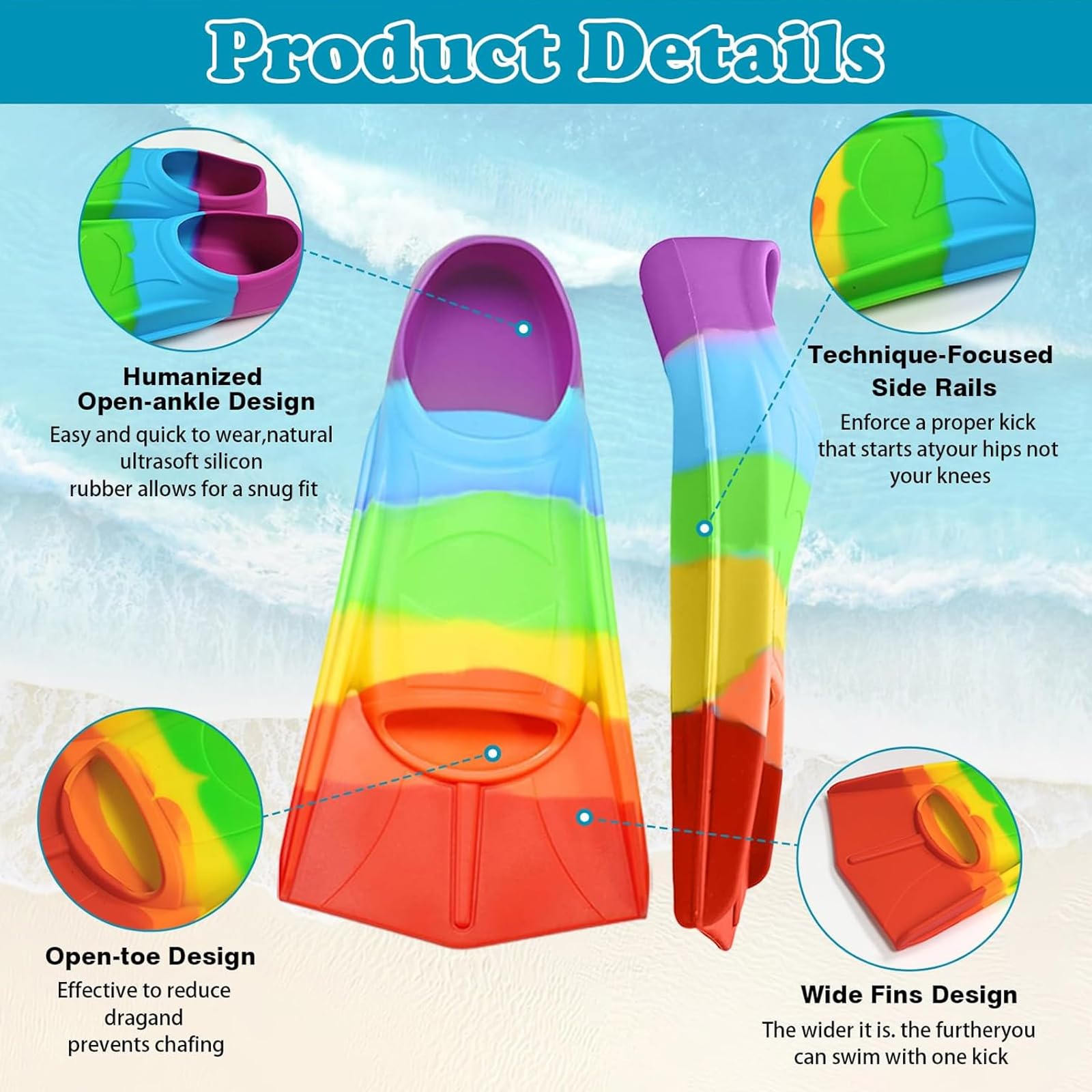 Aletas de Natación para Niños, Silicona 100%, Aletas Cortas para Niños, 24 - 26 Yardas, Aletas de Buceo Cortas para Entrenamiento de Natación, Snorkel, Buceo para Principiantes, Piscina, Playa