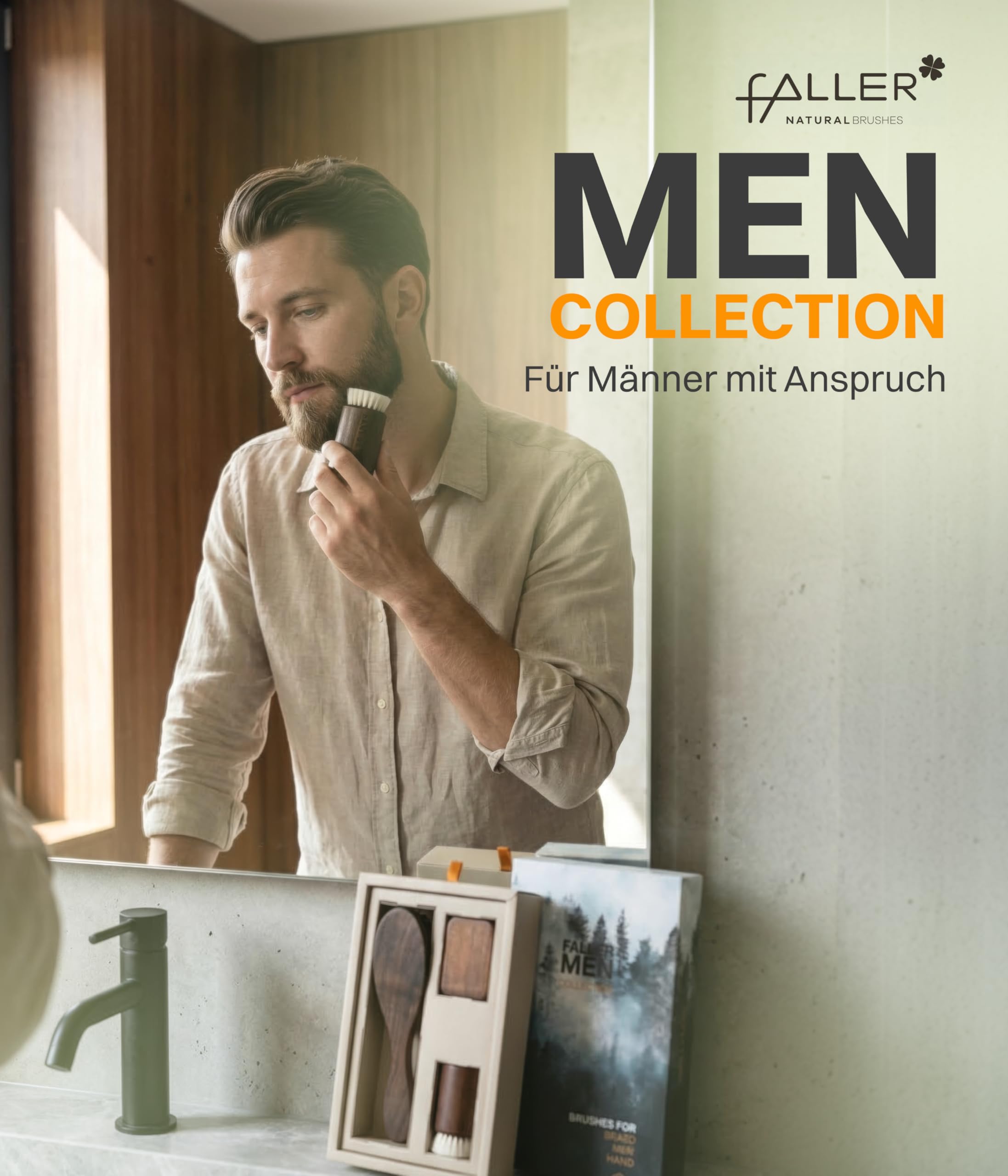 fa® MEN COLLECTION Pflege-Set – Haarbürste, Bartbürste & Handwaschbürste aus Naturmaterialien – Bartpflege Set für Männer – Hair & Beard Brush – Made in Germany