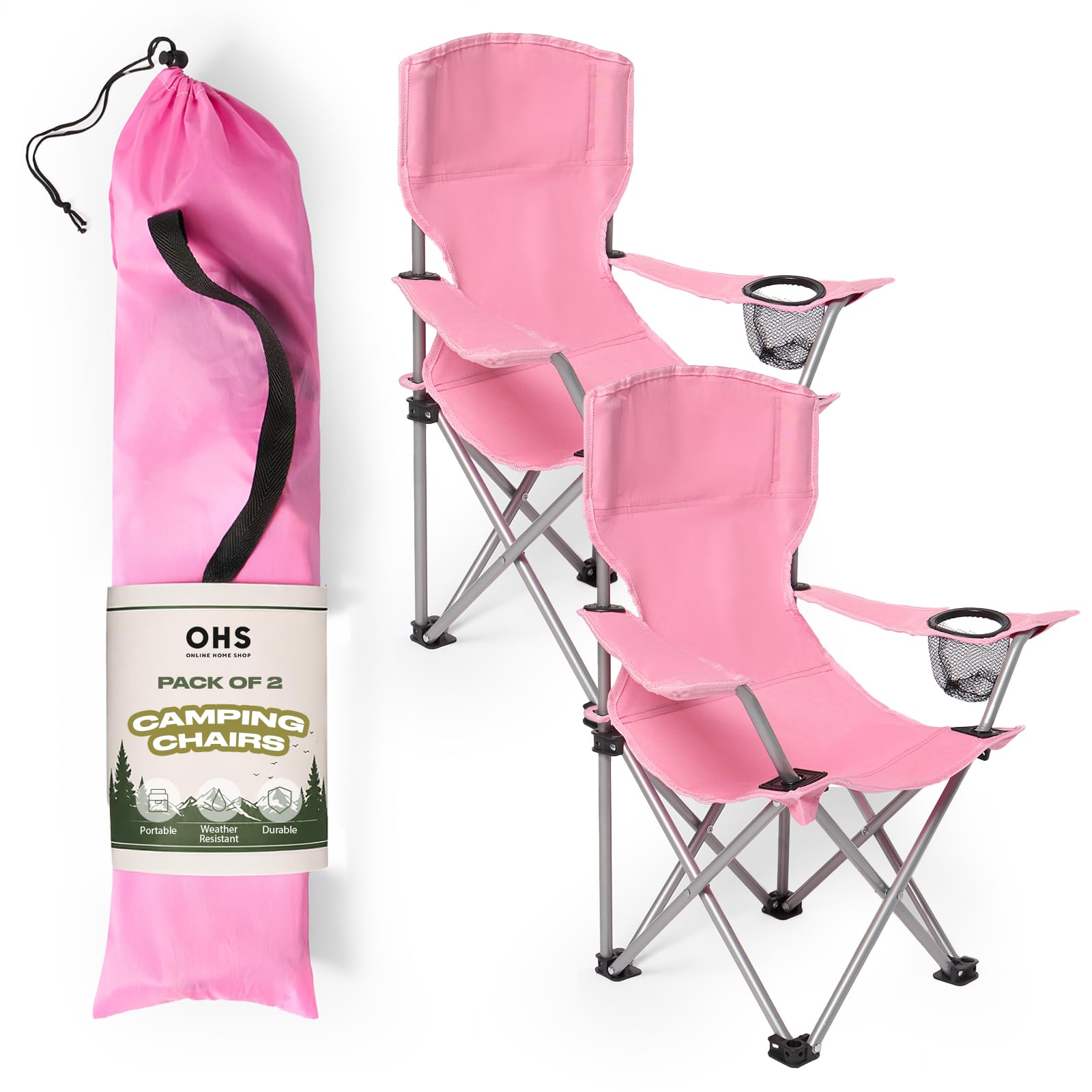 OHS Kids Garden Chairs Set of 2, Outdoor Lightweight Compact Portable Boys Girls Camping Chair Foldable Picnic Garden Beach Hiking Drinks Holder, Pink โ image 1