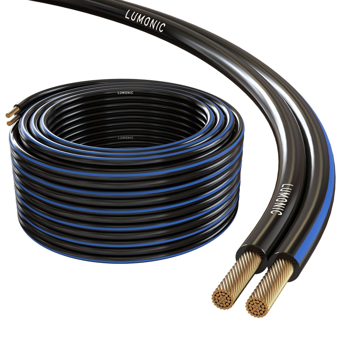 Lumonic Cables de altavoz | 25m Negro | 2x 4mm² CCA | Marcado azul Cable de altavoz HiFi | Línea doble de audio
