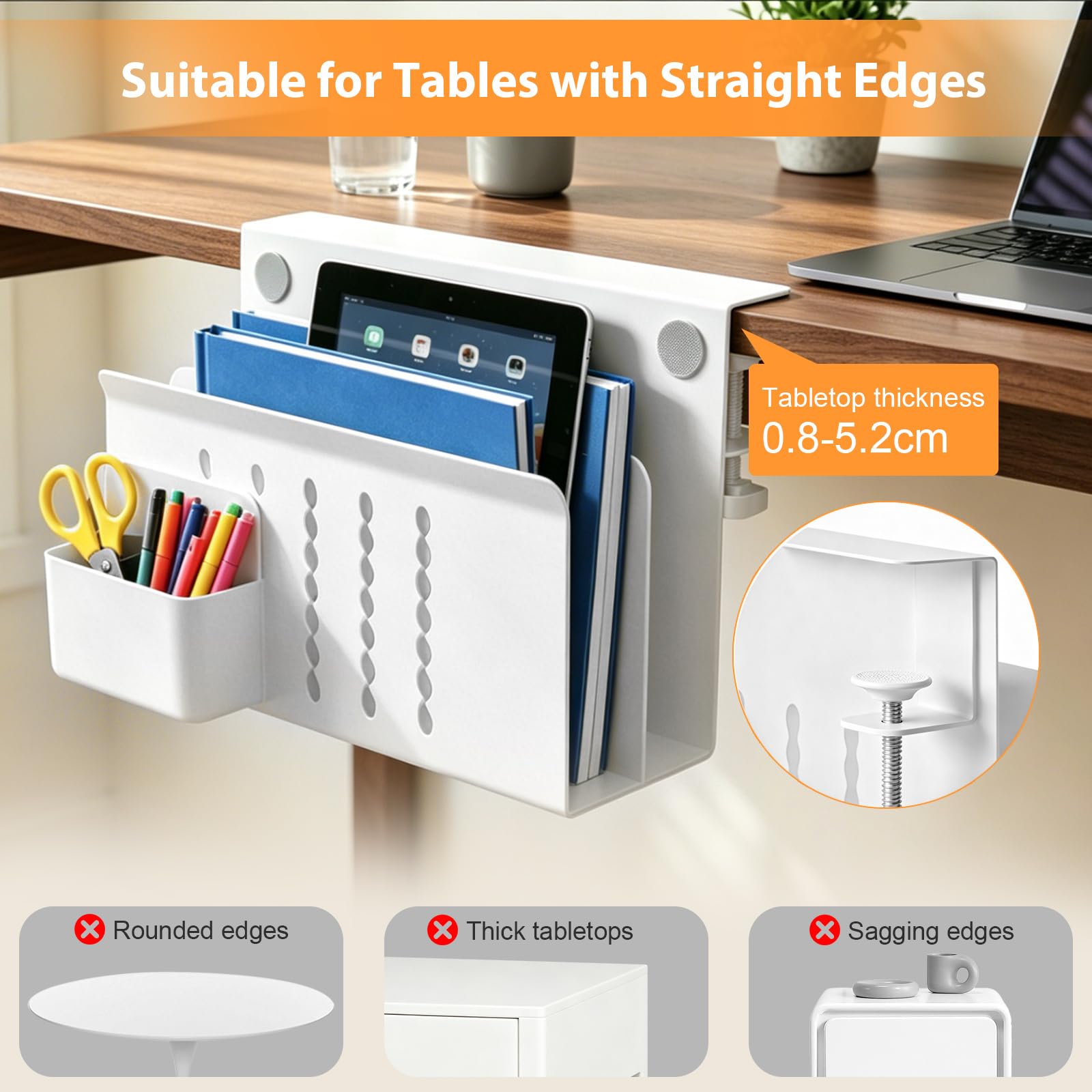 Schreibtisch Seitenaufbewahrung, Verstellbar Seitenständer Laptop Stand Kein Bohrer mit Magnetischer Stifthalter Doppellagig Desk Side Storage Notebook Halterung für Büro Zuhause, Weiß