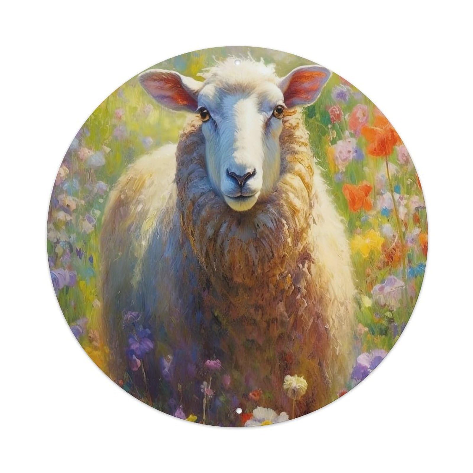 Animal Art Sheep Oil Painting Style Vintage Metal Tin Sign Plaque Wall Decor for Cafe, Club, Garden Round Metal Poster 8x8Inch