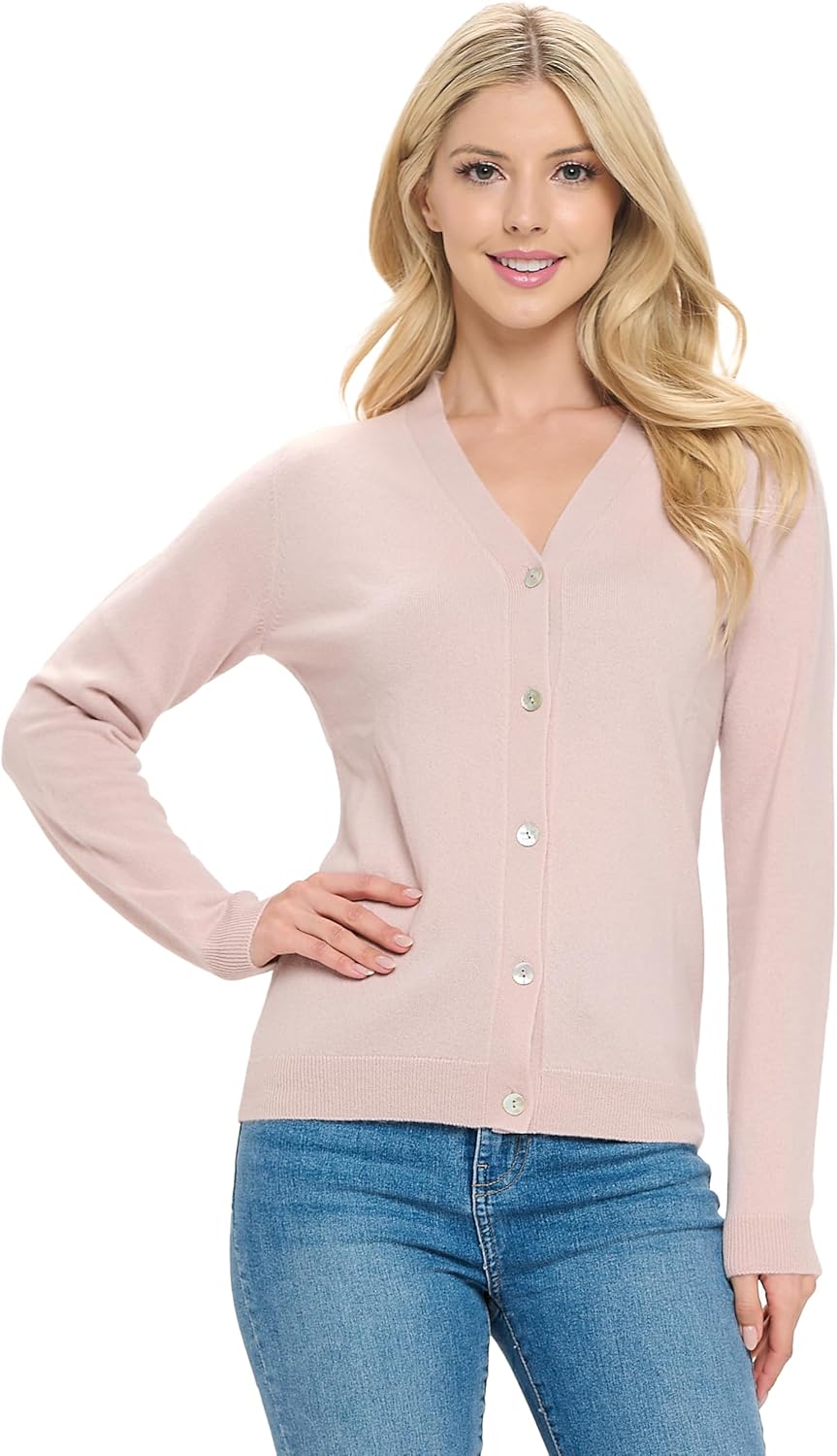 Women's 100% Cashmere Soft Long Sleeve V Neck Button Cardigan