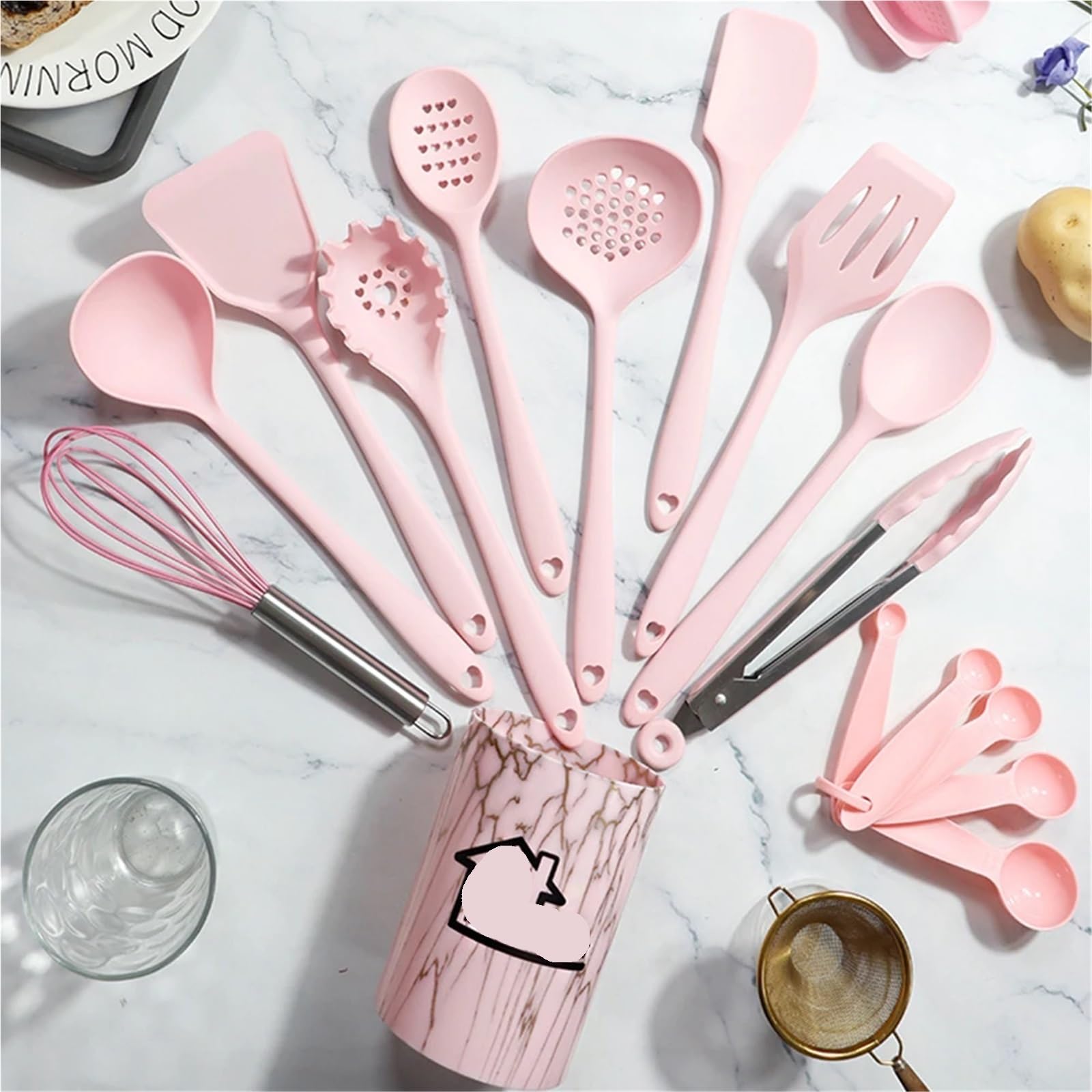 Set Utensili Da Cucina In Silicone Rosa 18 pezzi utensili da cucina in silicone alimentare spatola Turner misurino pratico(White)