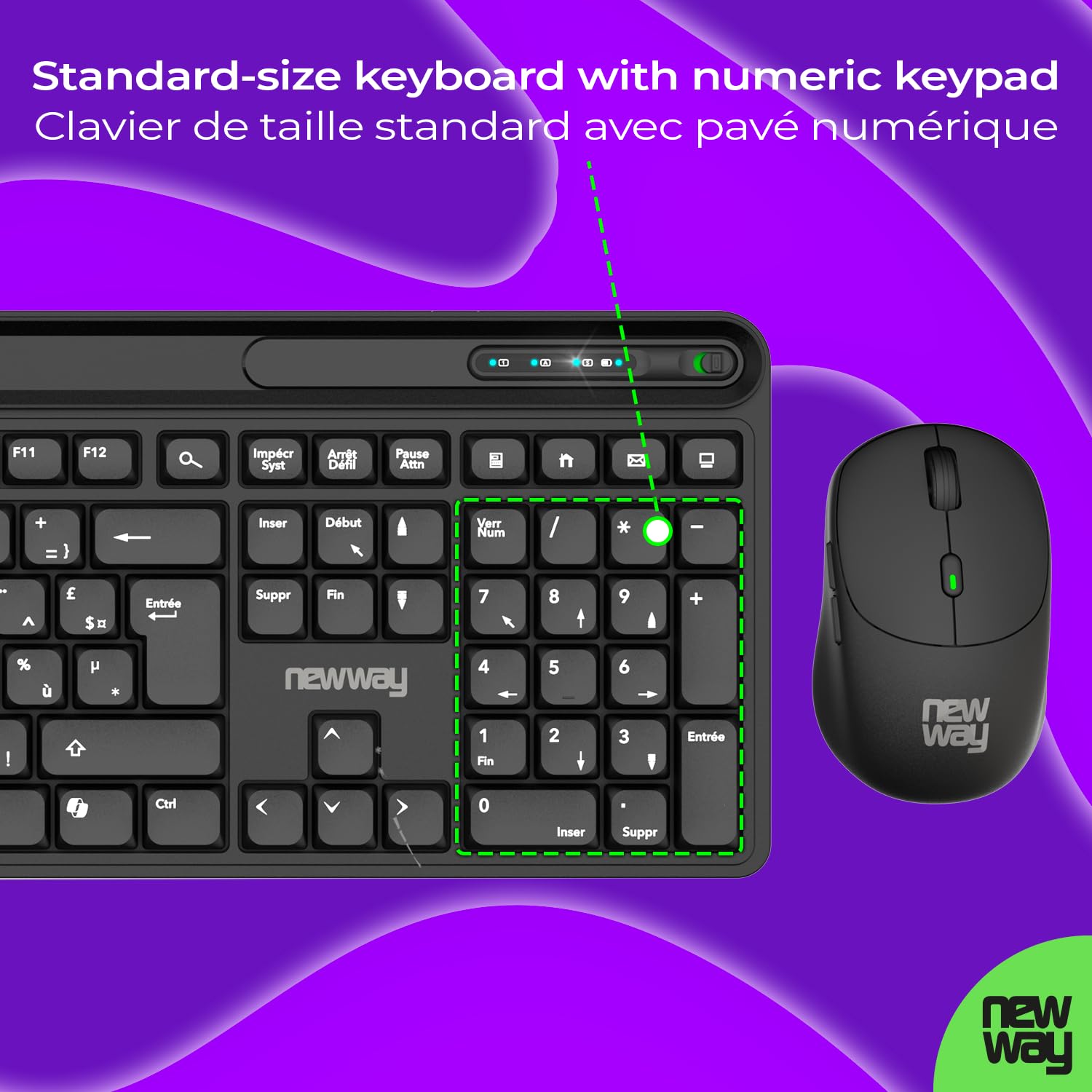 NEWWAY NKMP252 Clavier Souris sans Fil 2.4 GHz AI Copilot – AZERTY Français – Frappe Silencieuse, 14 Touches Multimédias, Souris Légère 6 Boutons, Tapis de Souris Inclus, Longue Autonomie (Noir)