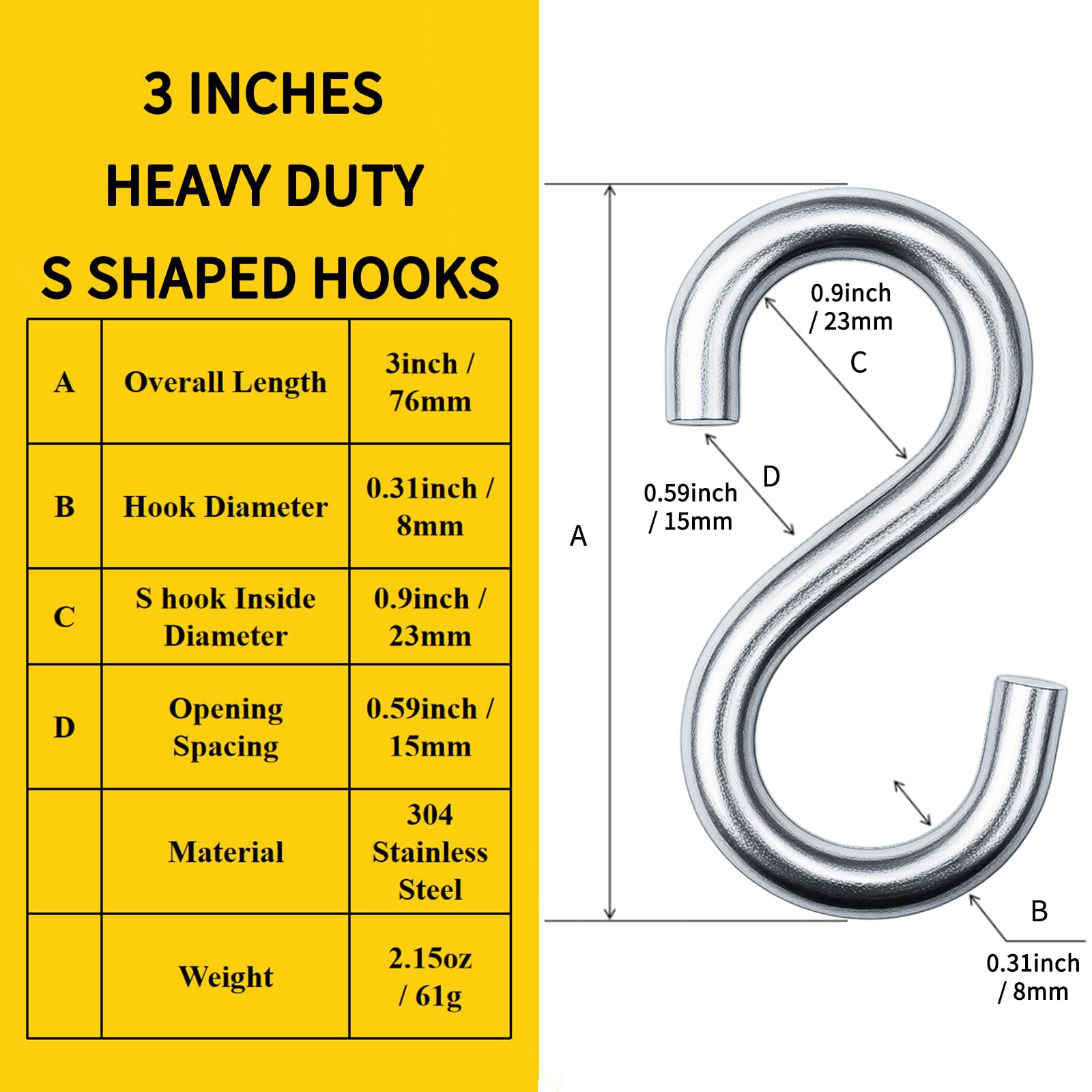 2PCS 304 Stainless Steel Heavy Duty S Hooks, 3inch Large S Hook for Hanging