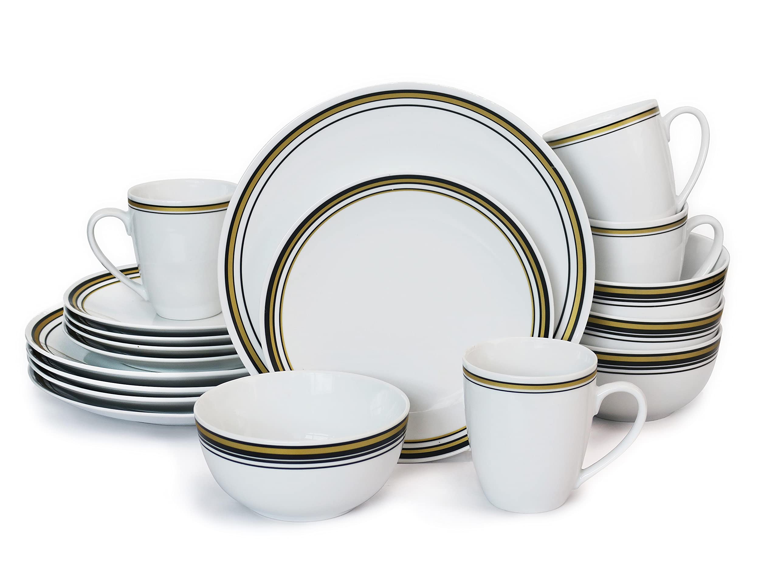 16-Piece Dinnerware Set, Bowls, Plates and Mugs, Service for 4. (Rimmed)