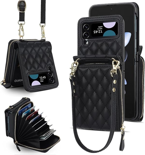 XIZYO Crossbody Zipper Leather Wallet Phone Case for Samsung Galaxy Z Flip 4, with 2 Adjustable Detachable Lanyard Straps, for Women Girls Cute Luxury Protective Cover with Card Holder, Black