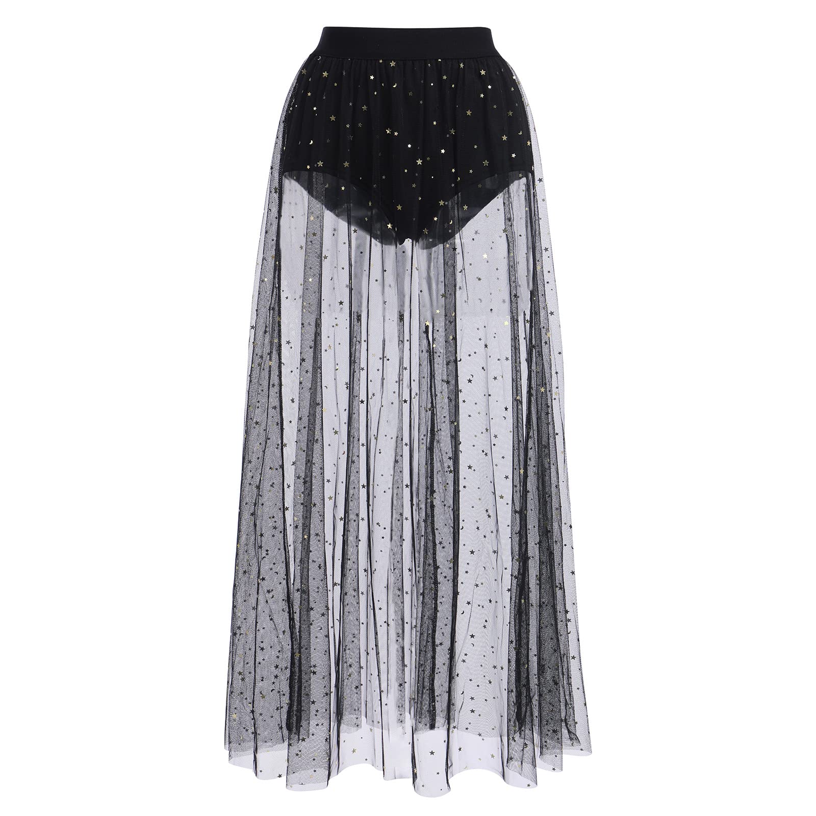 Damen Sexy 2 in 1 Transparent Mesh Rock Shorts High Waist Maxirock Glitzer Sterne Streetwear Clubwear