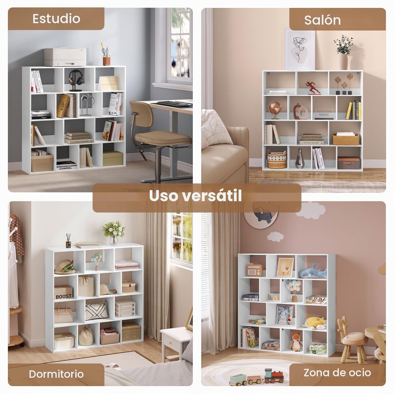 eSituro Estantería para Libros, Librería de Cubo de 14 Compartimentos | Estantería de Almacenamiento, Biblioteca Estantería para Dormitorio, Oficina y Salón, 120x30x120 cm, Blanco