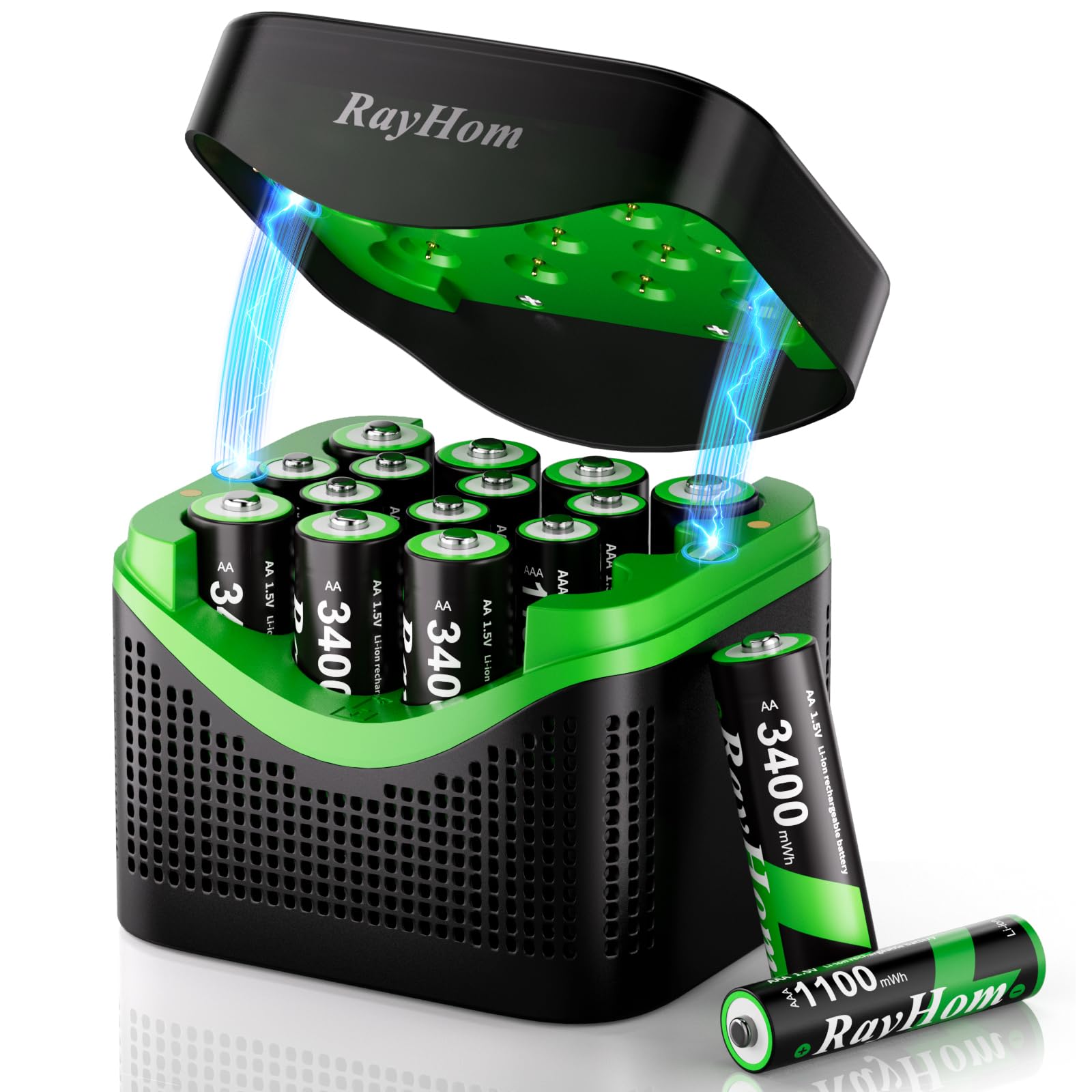 RayHom Rechargeable 8AA and 8AAA Lithium Batteries with 16 Slot Li-ion Charger