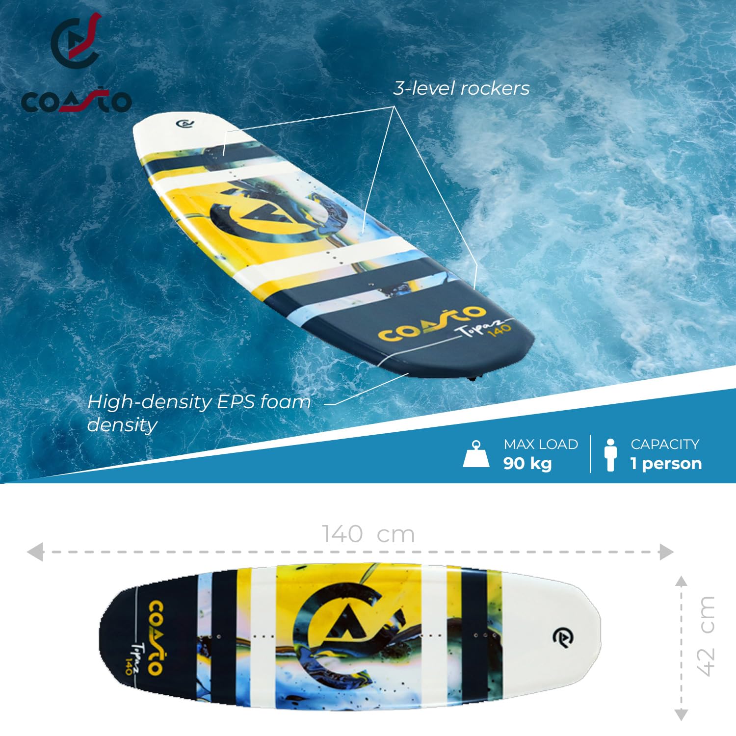 Coasto, Wakeboard Coasto Topaz 140, Tavola Da Wakeboard, Multicolore, 140, Unisex-Adult