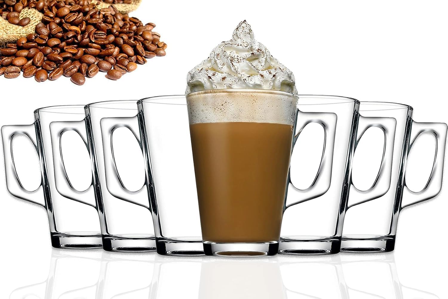 Set di 6 bicchieri da tè e caffè da 240 ml, resistenti alle temperature,  per bevande calde e caffè, con manico, ideali per succhi di latte, gelato,  ...