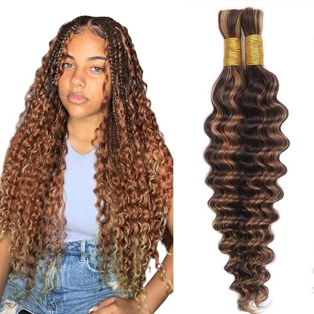 Tuheerst Human Hair Extension For Boho Braids 28 28 Inch P4/30 Highlight Brown Color Deep Wave Natural Unprocessed Human Hair Braiding For Woman 50g/Bundle Total 100g