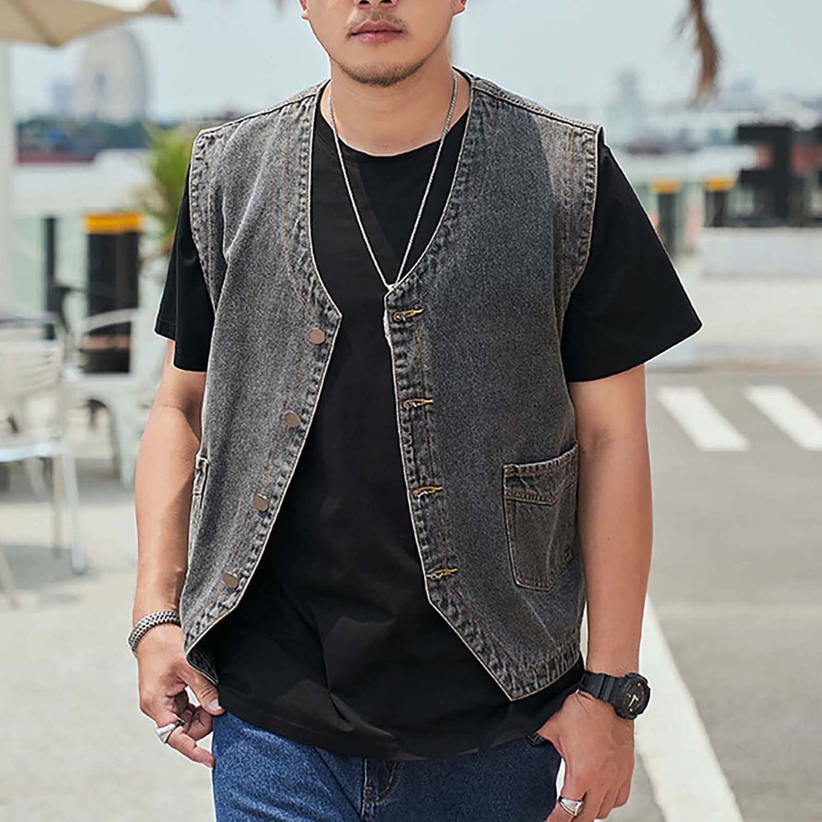 Herrenwesten Übergrößen Outdoor, Cowboy Weste Herren 4Xl, Motorrad-Weste | Cowboyweste Mit Knöpfen Ärmellos Jacke Lose Fit Vest Einfarbig Gilet Bequeme Freizeitweste