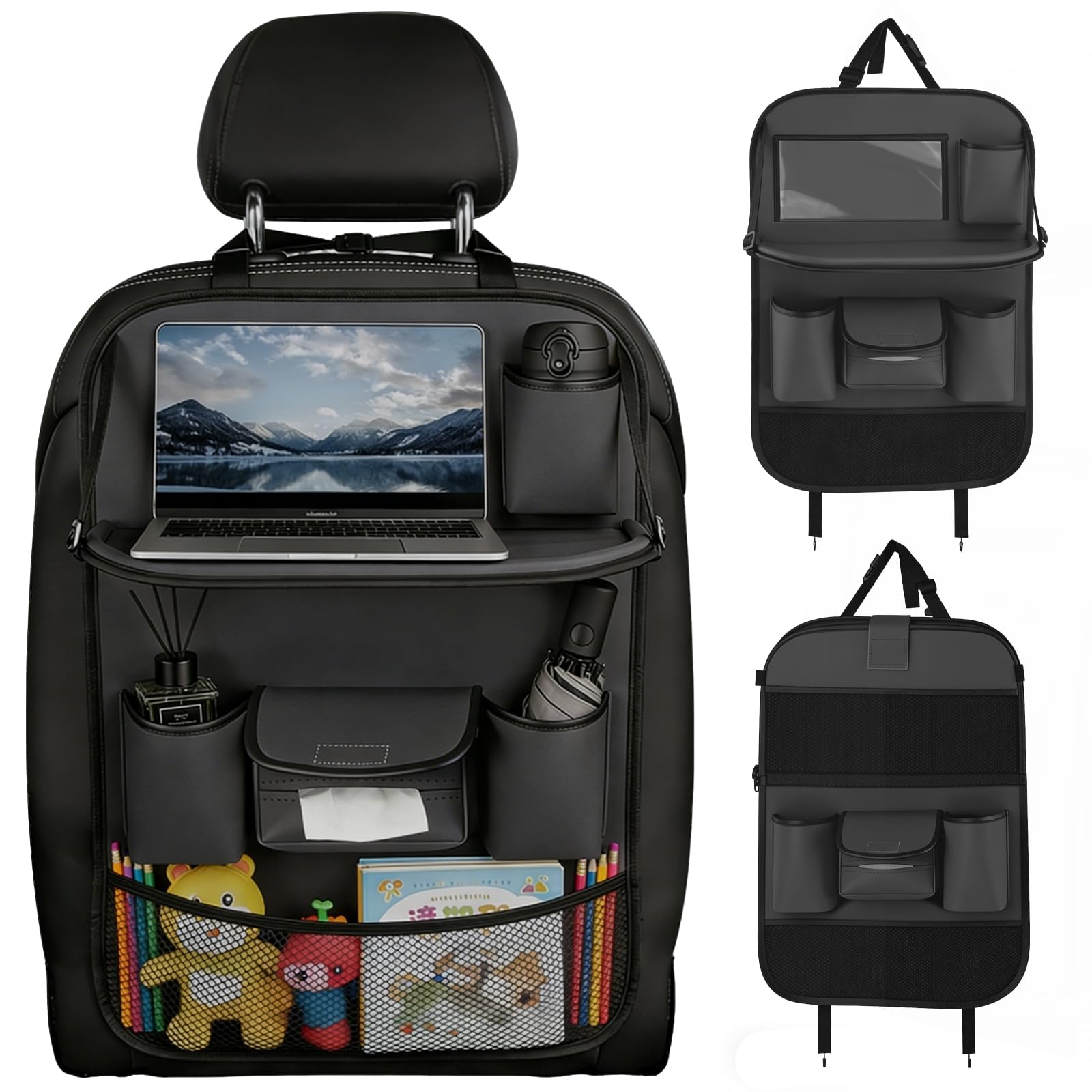 Leather Car Seat Organiser,Kids Back Seat Organiser with Foldable Tray