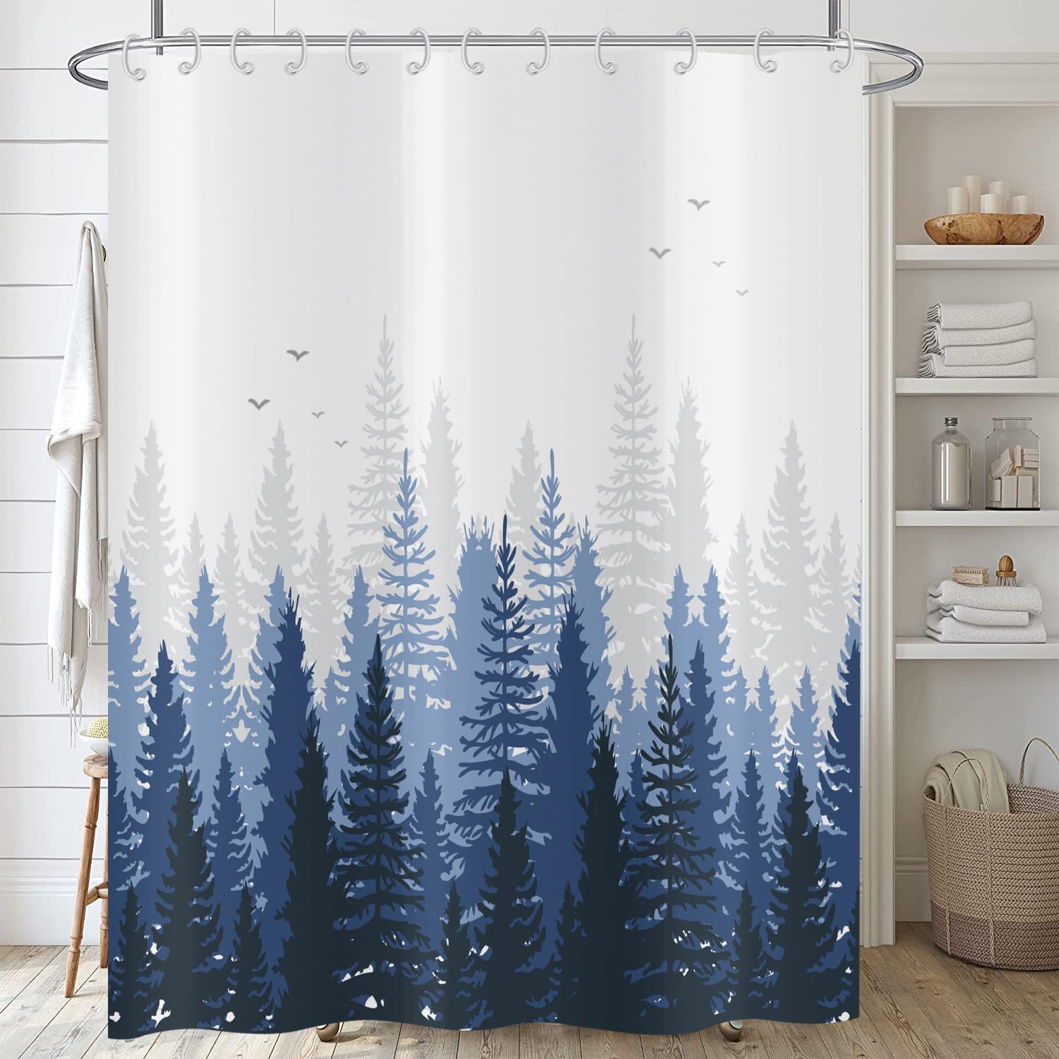 Uiyiui Multicolor-5 Navy Blue Misty Forest Shower Curtain For Bathroom 72X72in/183X183cm/Wxh Ombre Pine Tree Mountain Modern Bathroom Decor With Hooks, Washable Polyester Fabric With Hooks