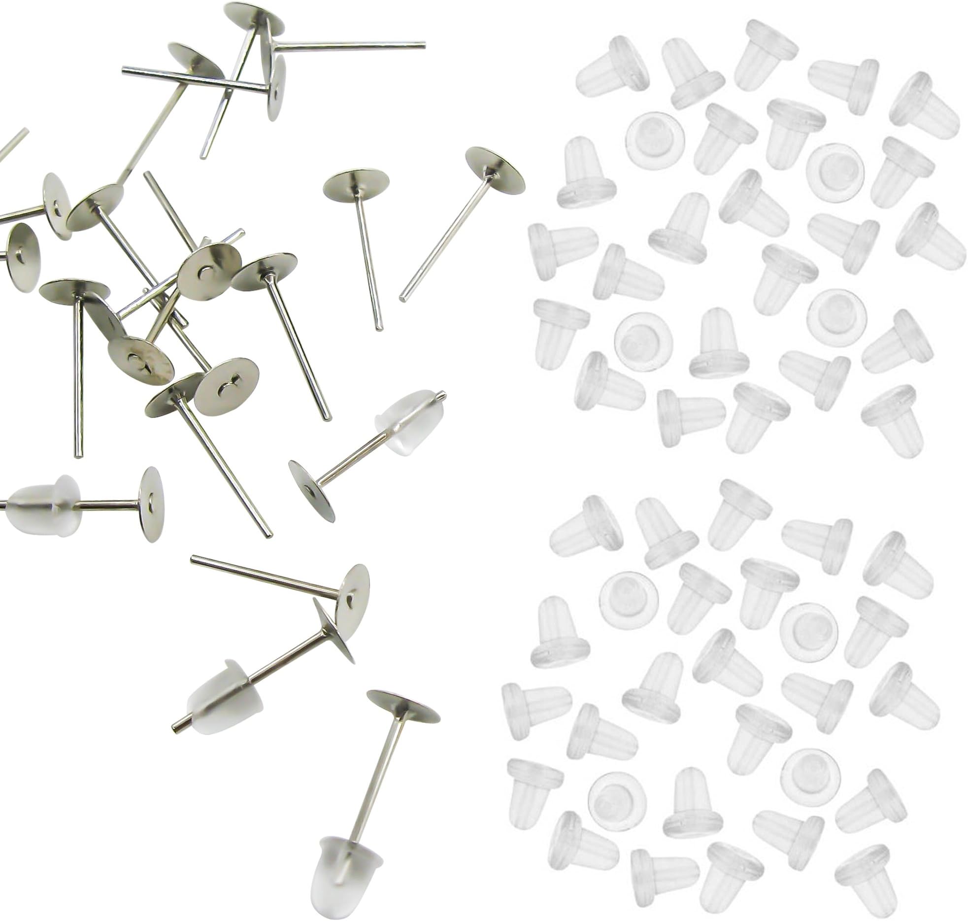 TOAOB 100 Pairs Hypo Allergenic Stainless Steel Earring Posts Flat Pad Blanks Pin Studs and Clear Rubber Earring Backs Jewelry Making Findings