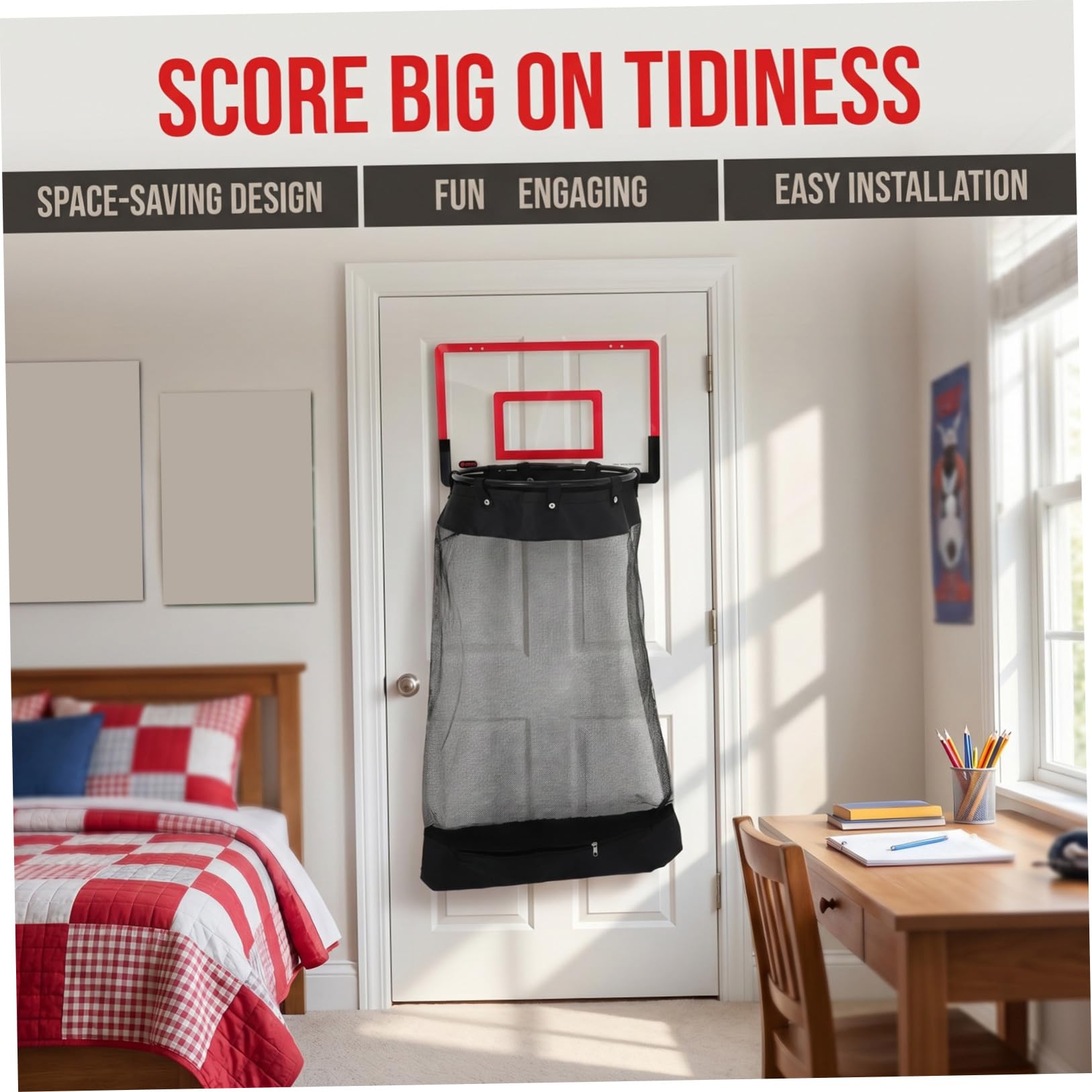 PRETYZOOM Basketball Platzsparend Roter mit Reißverschluss Wäschekorb und Universellen Haken Kunststoffnetz 106x40x33 Cm für Kinderzimmer und Studentenwohnheim