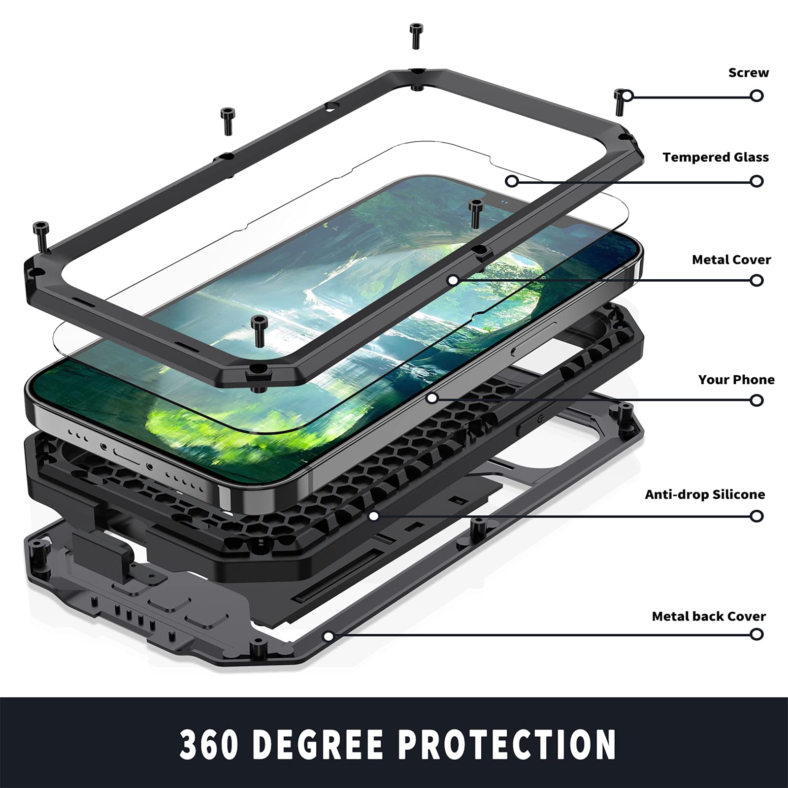 Funda para iPhone 13/13 Pro/13 mini/13 Pro Max/13 Mini, [Protección de la cámara] [Anti-Polvo & Anti-Arañazos] Heavy Duty Metal Bumper Antichoque Case con Soporte