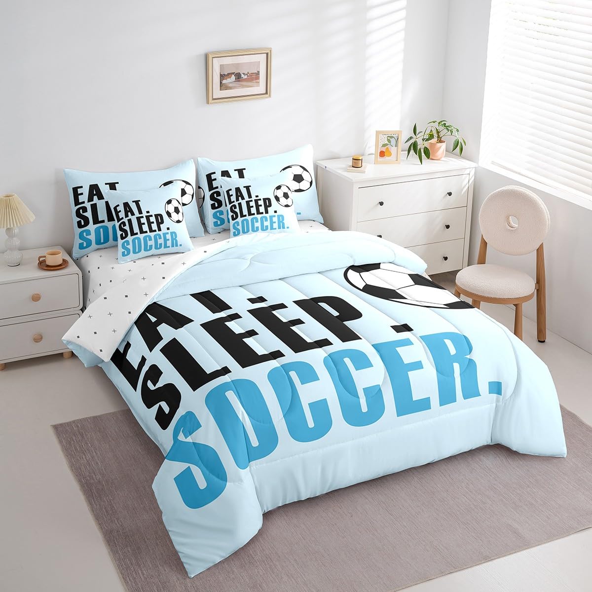 Feelyou Soccer Ball Comforter Set with Sheets Twin Size Light Blue Football 7 Pieces Bedding Set for Kids Boys Girls Teens Sports Ball Game Bed in a Bag Gift for Football Lover Bed Set