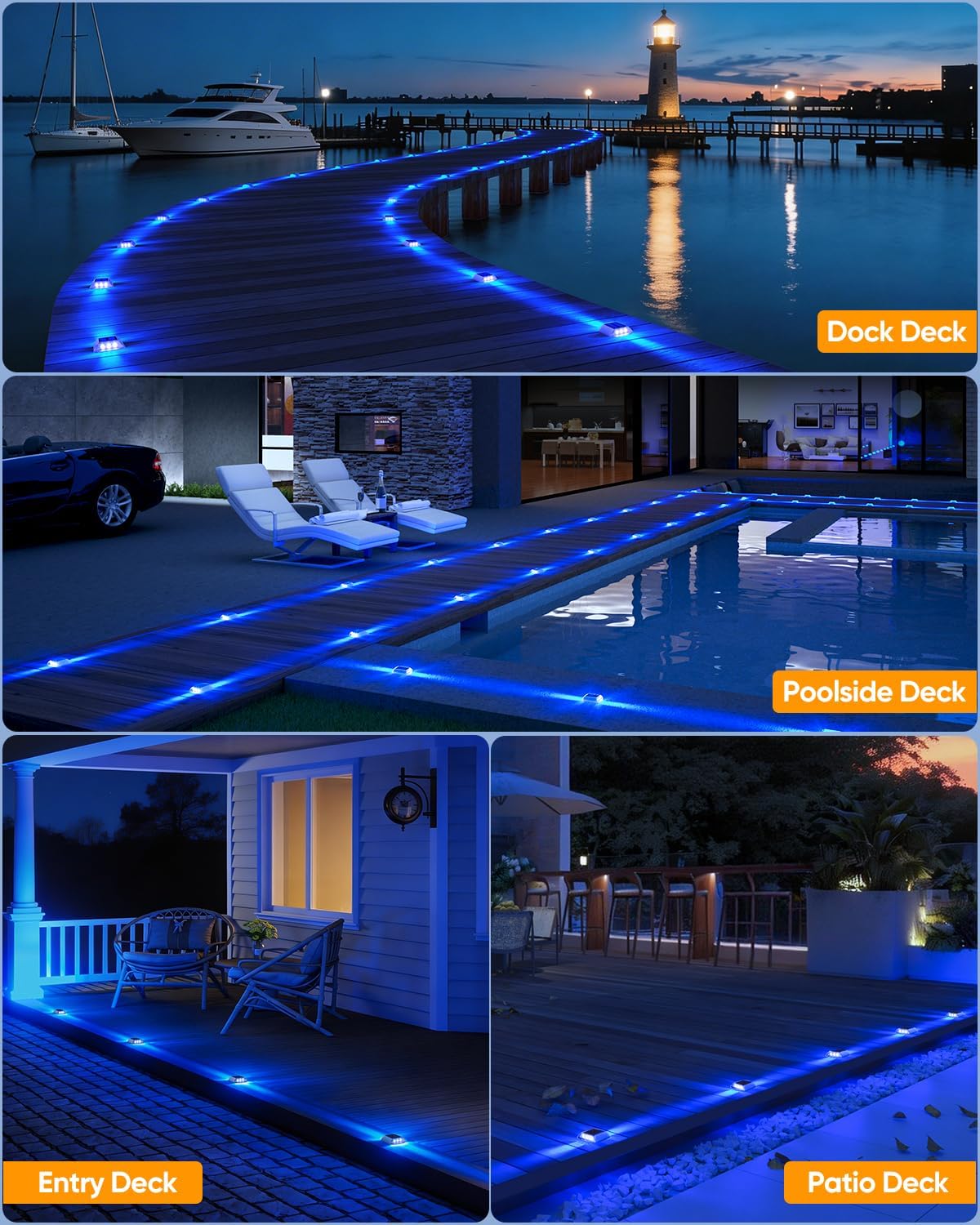 Detarzinled Solar Driveway Lights Outdoor, 12 Pack IP68 Waterproof Dock Deck Lights Solar Powered, Stick on & Screw Blue Markers Light for Pathway, Walkway, Sidewalk, Patio, Pool Deck, Garage Entrance