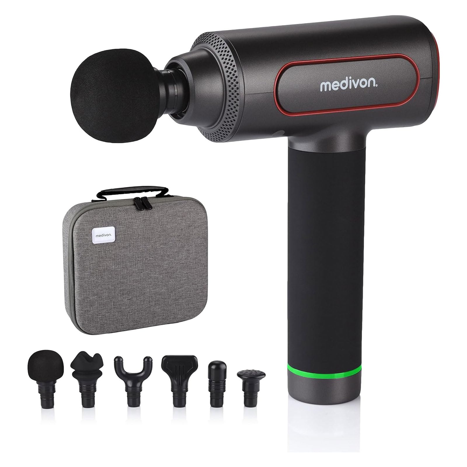 Medivon Gun PRO tragbare Massagepistole 6 Massageköpfe leiser Motor Tiefenmassage für Rücken, Nacken, Bein und Arm Muskeln Tragetasche - schwarz