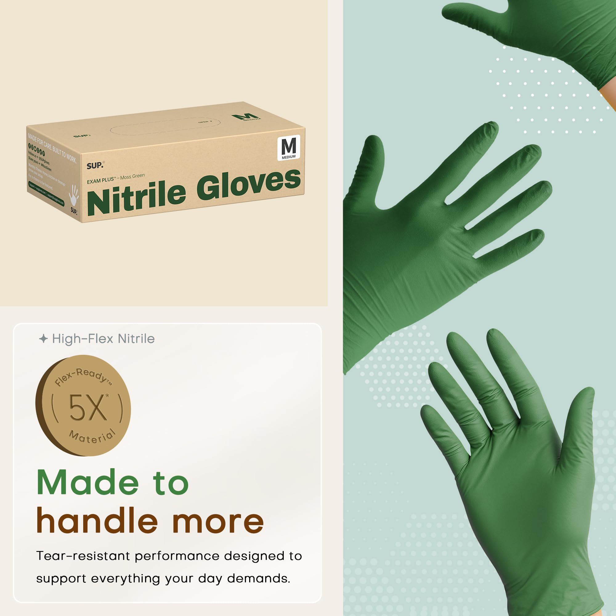 SUP Guanti da esame in nitrile, senza talco, senza lattice, per uso alimentare, chimico, per cucinare, puliti, usa e getta, colore verde muschio, 100 carati (medio)