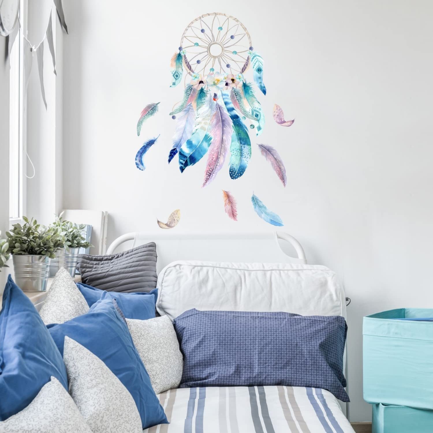 nikima Schönes für Kinder 228 Wandtattoo Traumfänger blau mit Federn Pastell Aquarell Größe 1750 x 980 mm - in 6 Größen - Kinderzimmer Sticker Wandaufkleber Wandsticker Wanddeko Wandbild