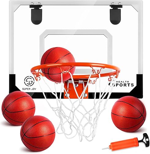 SUPER JOY Mini aro de baloncesto para interiores sobre la puerta con marcador de audio y baterías, aro de baloncesto para puerta, oficina, aro de