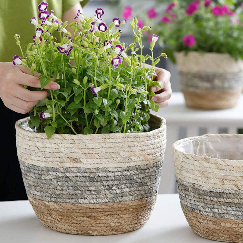 Paniers Tressés en Paille 2 Pièces, Cache-pot Décoratif pour Fleurs