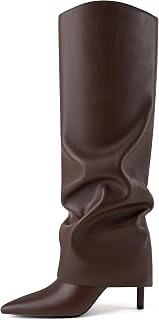 Vaslemuse Womens Fold Over Knee High Boots Stiletto High Heel Slouchy Tall Boots Pointed Toe Sexy Long Boots Fashion Dress Shoes with Side Zipper