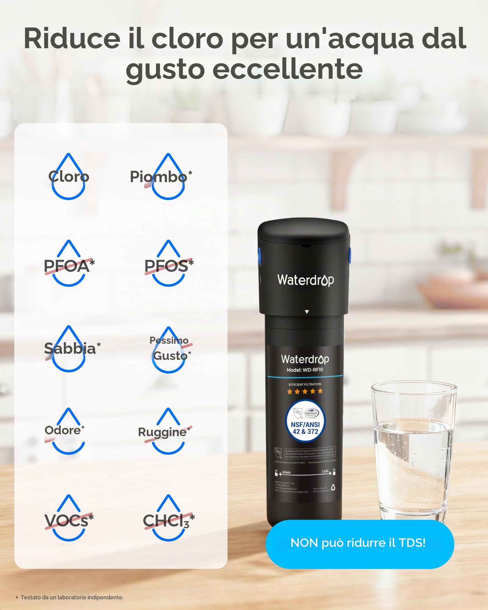Waterdrop 10UB Filtro dell'Acqua Sistema Inferiore con Rubinetto Dedicato, NSF/ANSI 42 Certificato, 11000 Galloni ad Alto Contenuto di Cloro Capacità di Riduzione del Cloro, Tecnologia USA