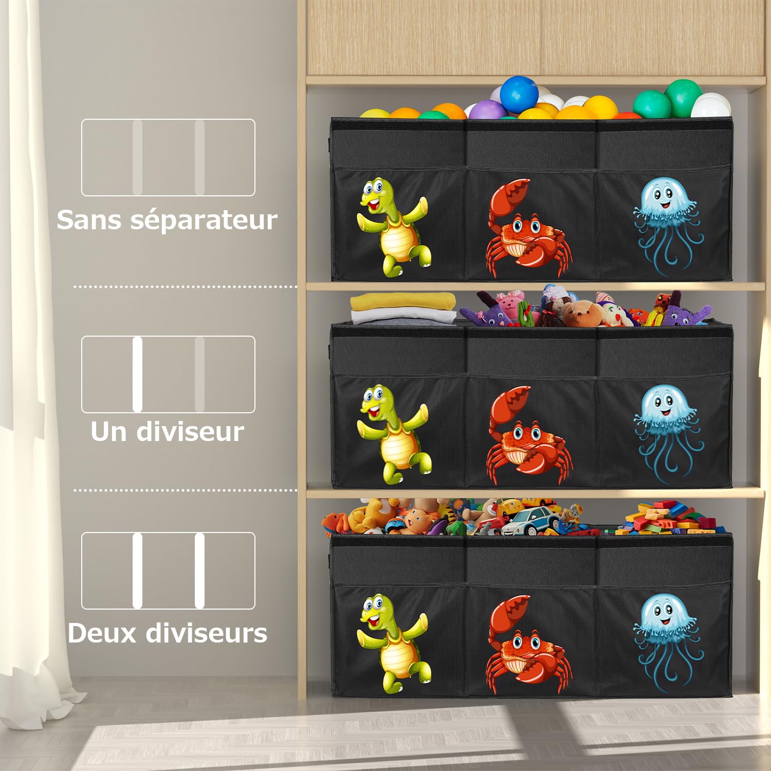 YOHOOLYO Coffres à Jouets Boîte de Rangement pour Enfant Pliable 123L 94 x 41 x 32 cm en Tissus 600D Oxford avec Couvercle Transparent Amovible pour Chambre d'enfant (Animaux Marins)