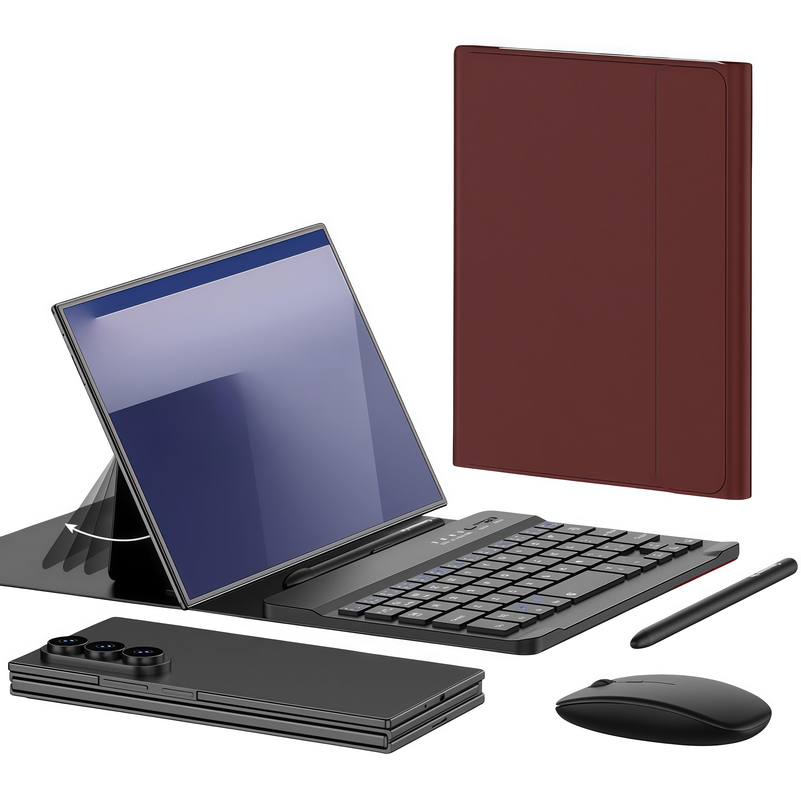 Zestaw Mobilnego Biura Do Tabletu I Telefonu, Klawiatura Bluetooth + Mysz Bezprzewodowa + Rysik + Skórzane Etui Z Regulowaną Podstawką, Do Podróży Służbowych/Pracy/Nauki (Czerwony)