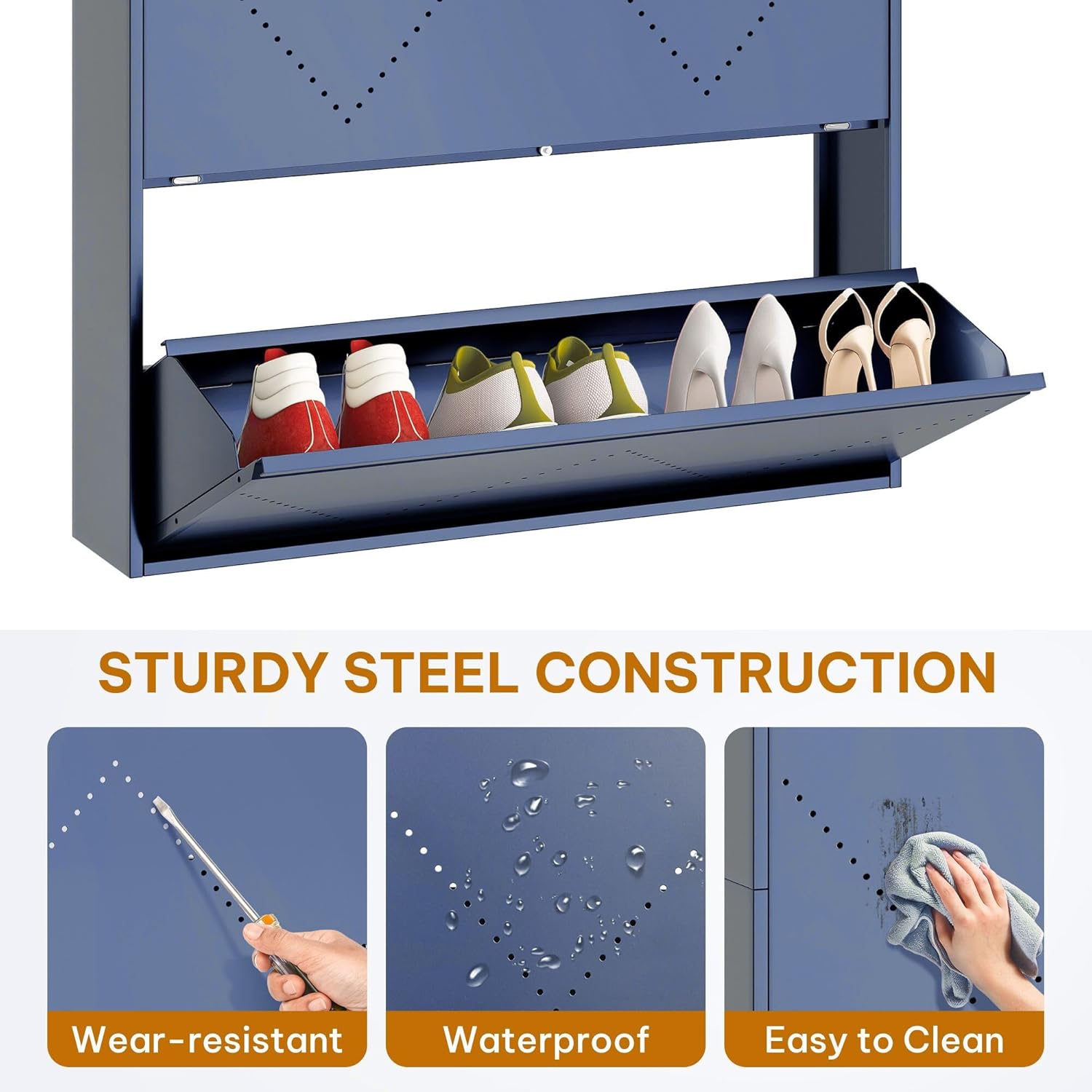 DWVO Metal Shoe Cabinet with Coat Rack Set of 2, Wall Mounted Shoe Cabinet with 3 Flip Drawers, Entrance Hidden Slim Shoe Organizer Cabinet, Shoe Rack Storage Cabinet for Entryways, Hallways, Blue