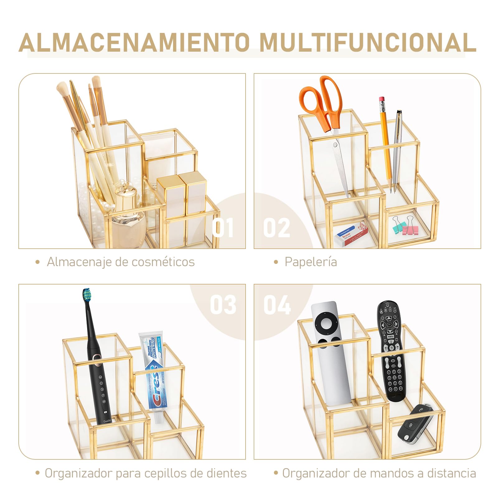 HARLIANGXY Soporte para Pinceles de Maquillaje, Organizador de Cosméticos con 4 Compartimentos, Porta Brochas de Maquillaje, Caja de Almacenamiento de Cosméticos para Tocador Dormitorio Baño, Dorado