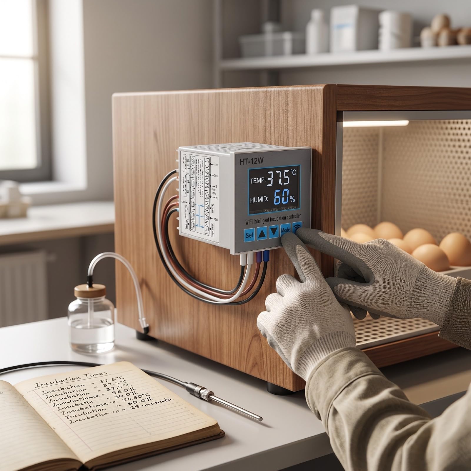 Fdit Regolatore di Temperatura per Incubatrice per Uova, Igrometro LCD WiFi | Controllo remoto tramite smartphone tramite WiFi, precisione della temperatura di ±0,1℃, uscita a 4 , 999 record di