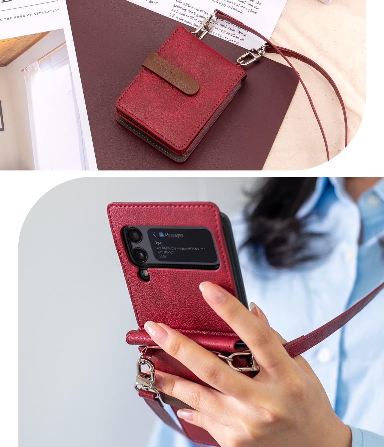 Goospery Wallet Case Compatible with Galaxy Z Flip 4 Case, Detachable Card Holder 2 Card Pocket Storage Premium PU Leather Adjustable Cross-Body Strap Attached Earbud Cord Organizer, Burgandy