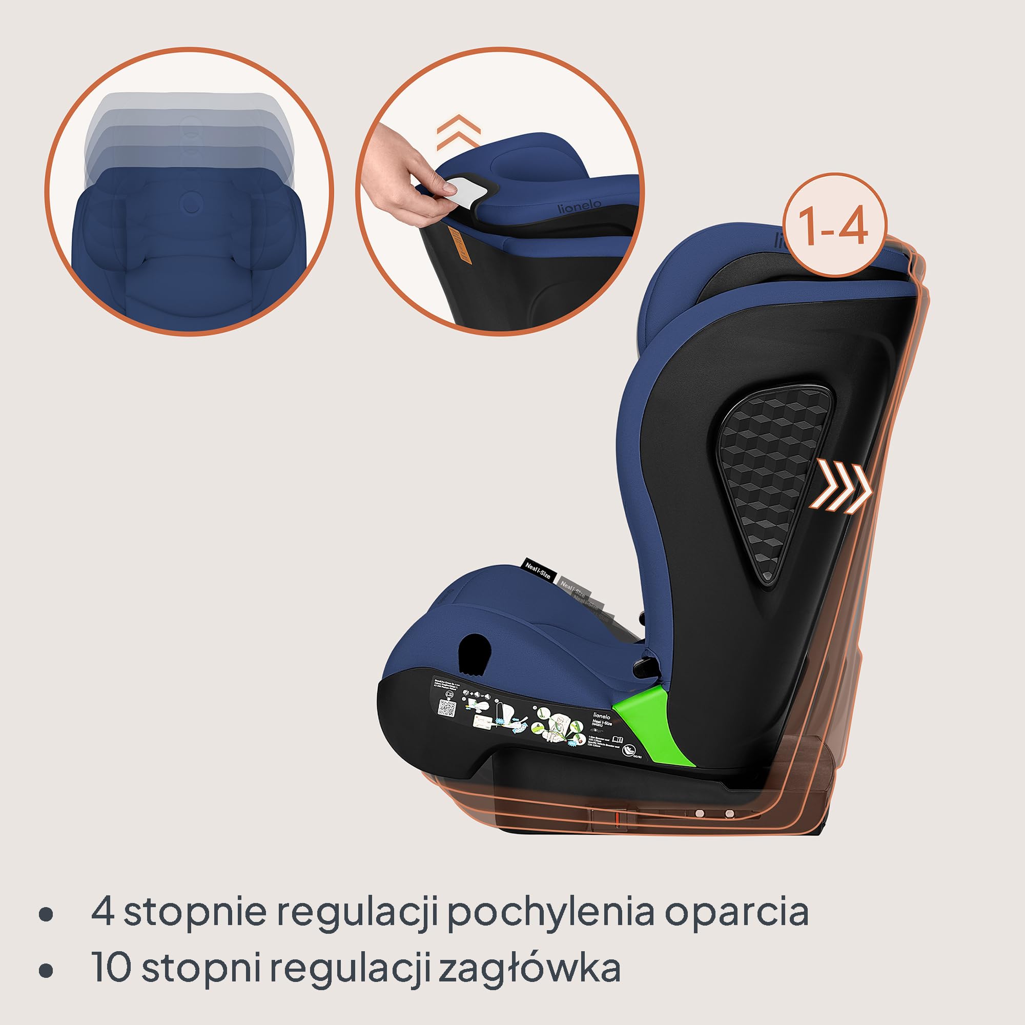 LIONELO NEAL I-SIZE Fotelik samochodowy dla dzieci, grupa 2 3, od 100 do 150 cm, ok. 3-12 lat, mocowanie ISOFIX lub bez uprzęży, regulowany zagłówek, ochraniacz boczny, podłokietnik, standardowy R129