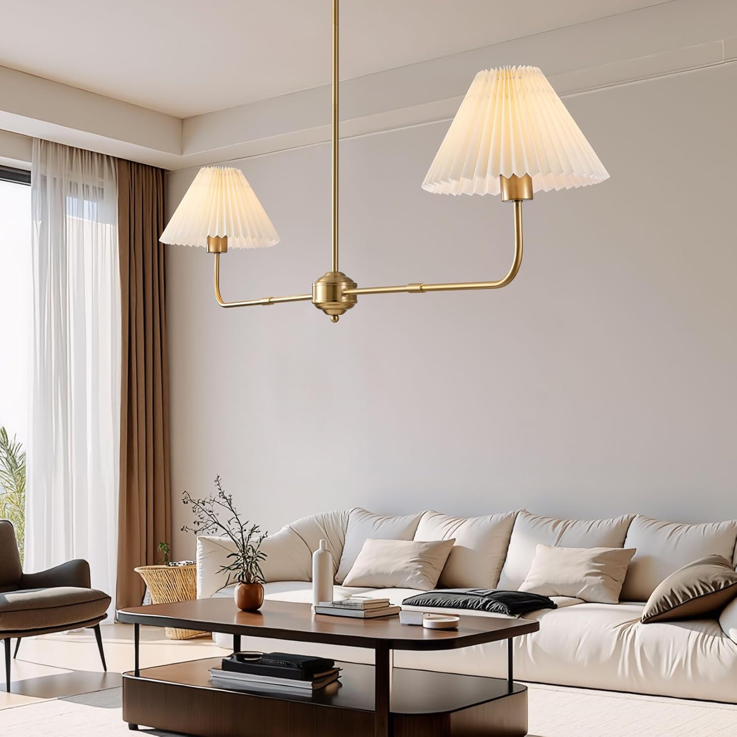 Gold Linear Chandelier 2-Light Modern Chandeliers Linear Pendant Light Fixture for Dining Room Kitchen Island Lighting with White Pleated Fabric Shade for Living Room Restaurant Bedroom
